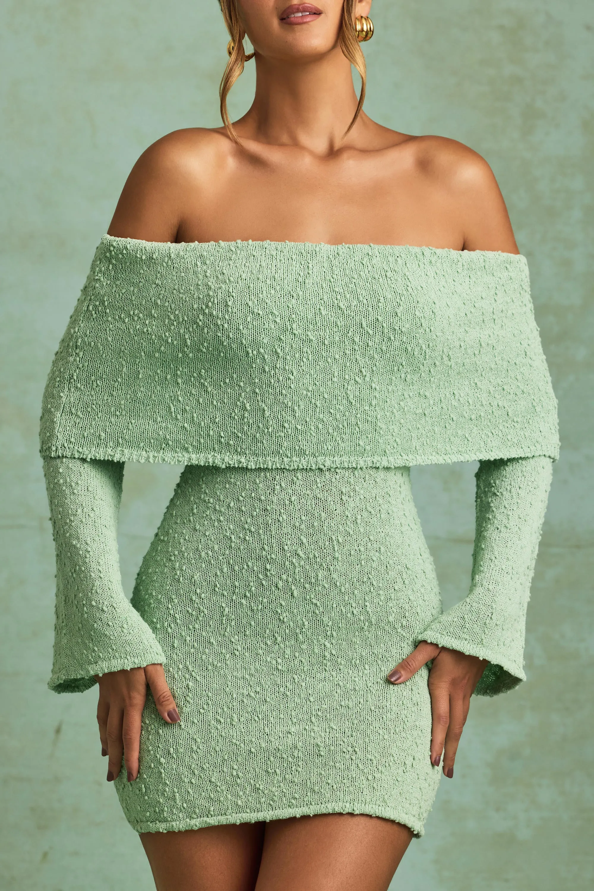Boucl?? Off-Shoulder Mini Dress in Mint Stage Soft