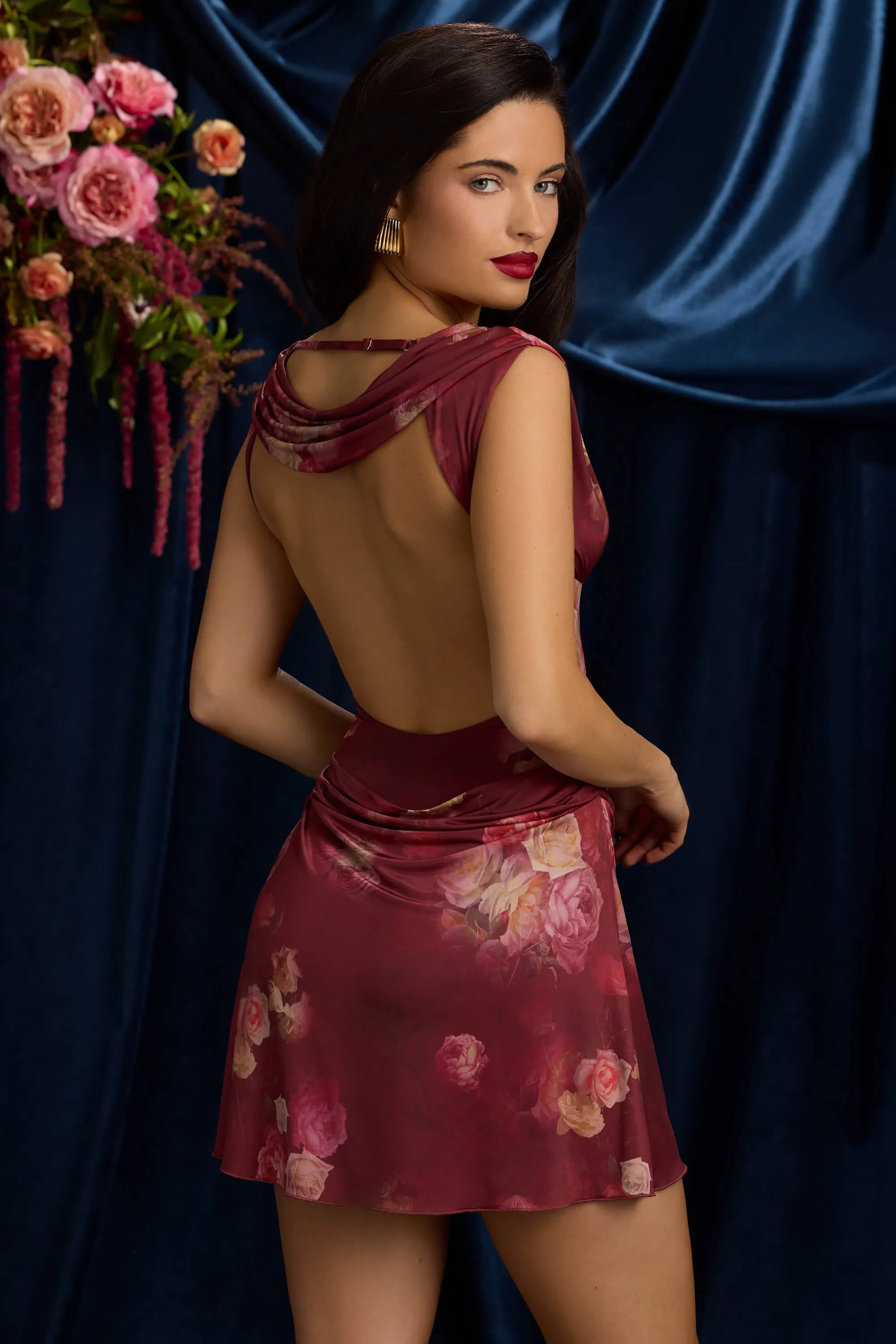 Draped Open-Back A-Line Mini Dress in Maroon Floral Print Pop Light Comfy Fashion