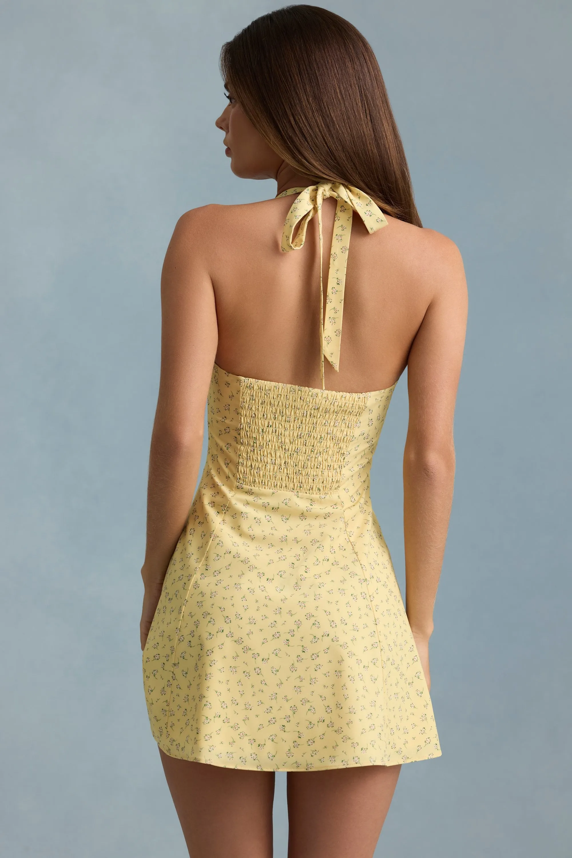 Halterneck A-Line Mini Dress in Yellow Flower Print Figure Pop Elastic cuffs