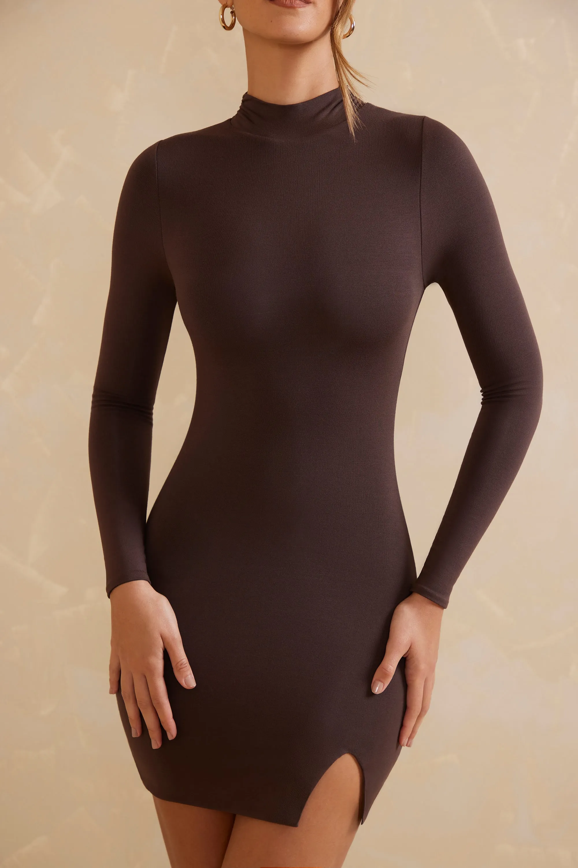 High Neck Long Sleeve Mini Dress in Chocolate Party Star