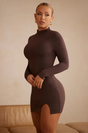 Casual Day Out Weighted Hem High Neck Long Sleeve Mini Dress in Chocolate