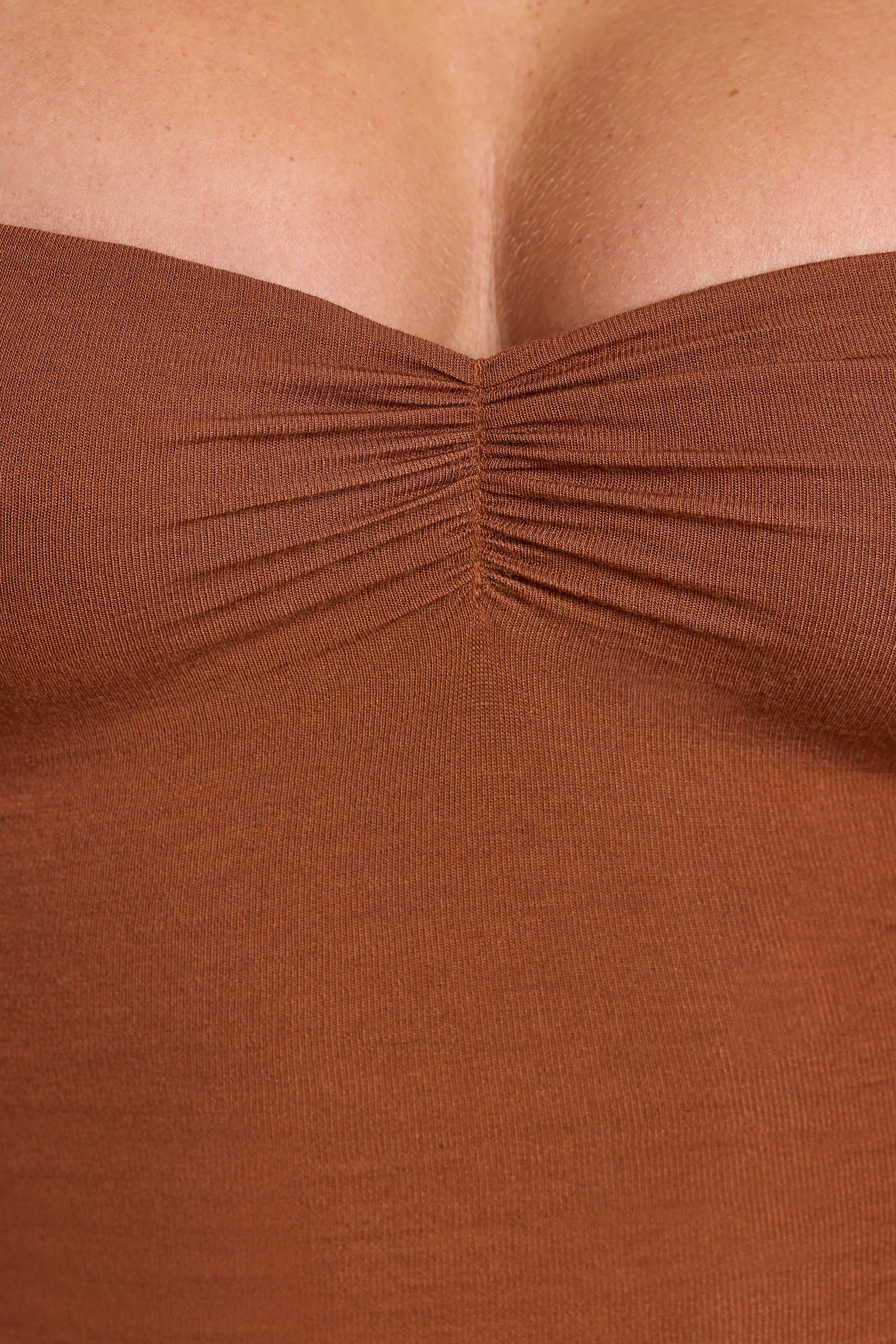 Long Sleeve Ruched Modal Cashmere Blend Mini Dress in Chestnut Brown Double Layered Collar