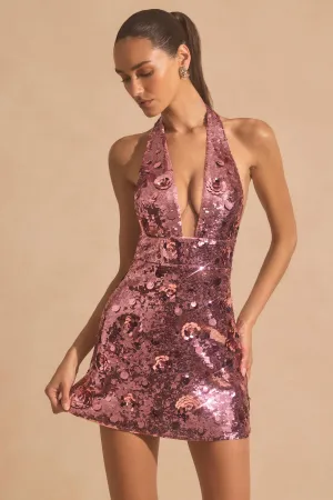 Casual chic outfit Sequin-Embellished Halterneck Mini Dress in Pink