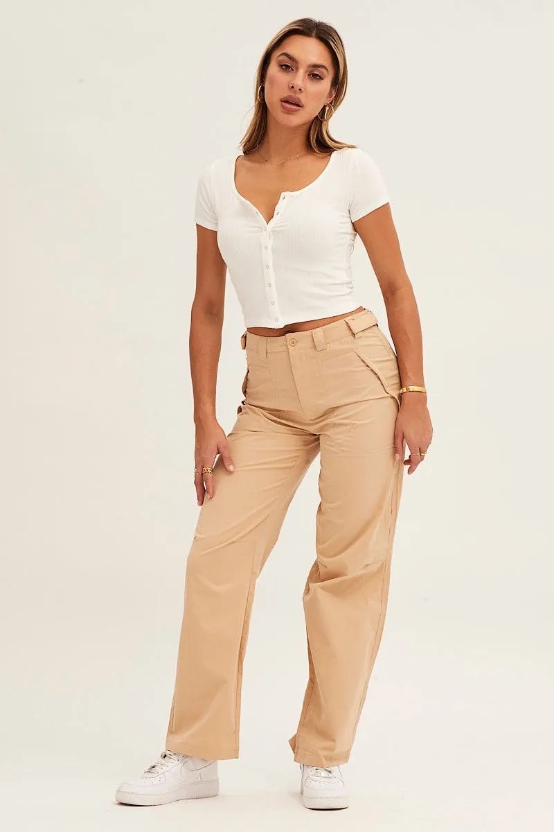 ReflectiveAccentDetails MachineWashable Beige Wide Leg Carpenter Pants