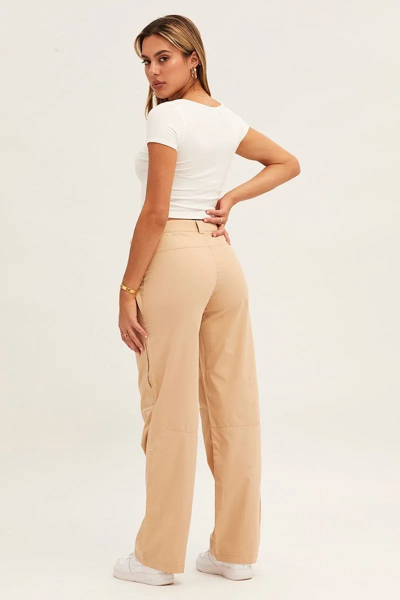 StretchWaistband Weekend Style Beige Wide Leg Carpenter Pants