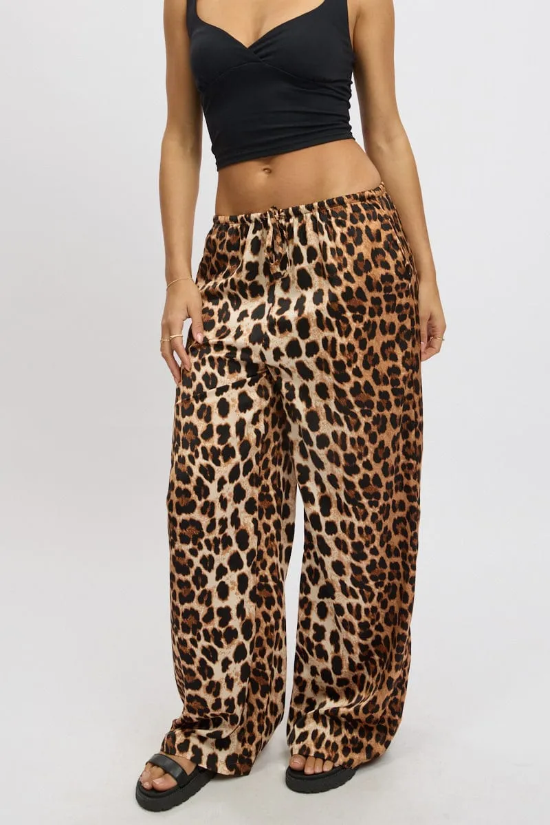 Tapered leg Brown Animal Print Wide Leg Pants Elasticated Waist