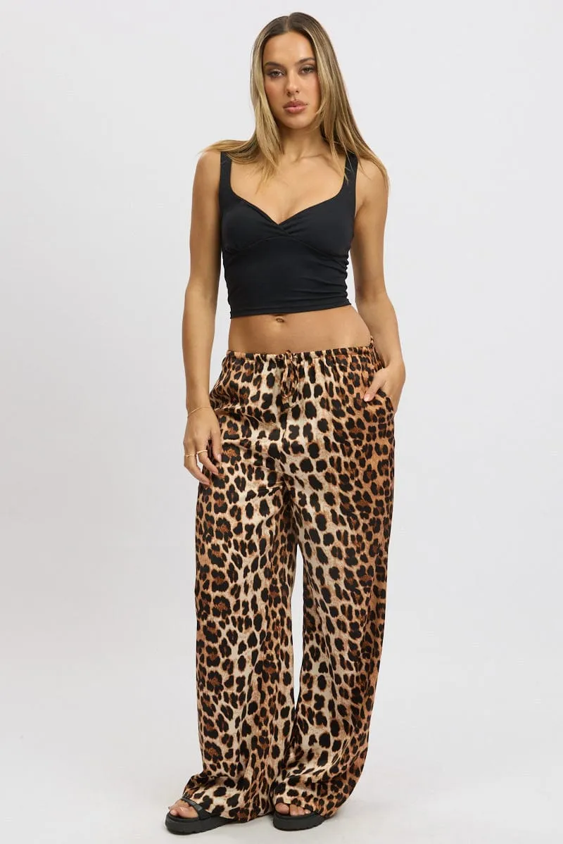 StretchFabric NonRestrictiveFit Brown Animal Print Wide Leg Pants Elasticated Waist