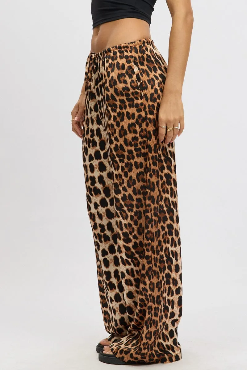 Brown Animal Print Wide Leg Pants Elasticated Waist All-Purpose Wear Anti Pilling Treatment