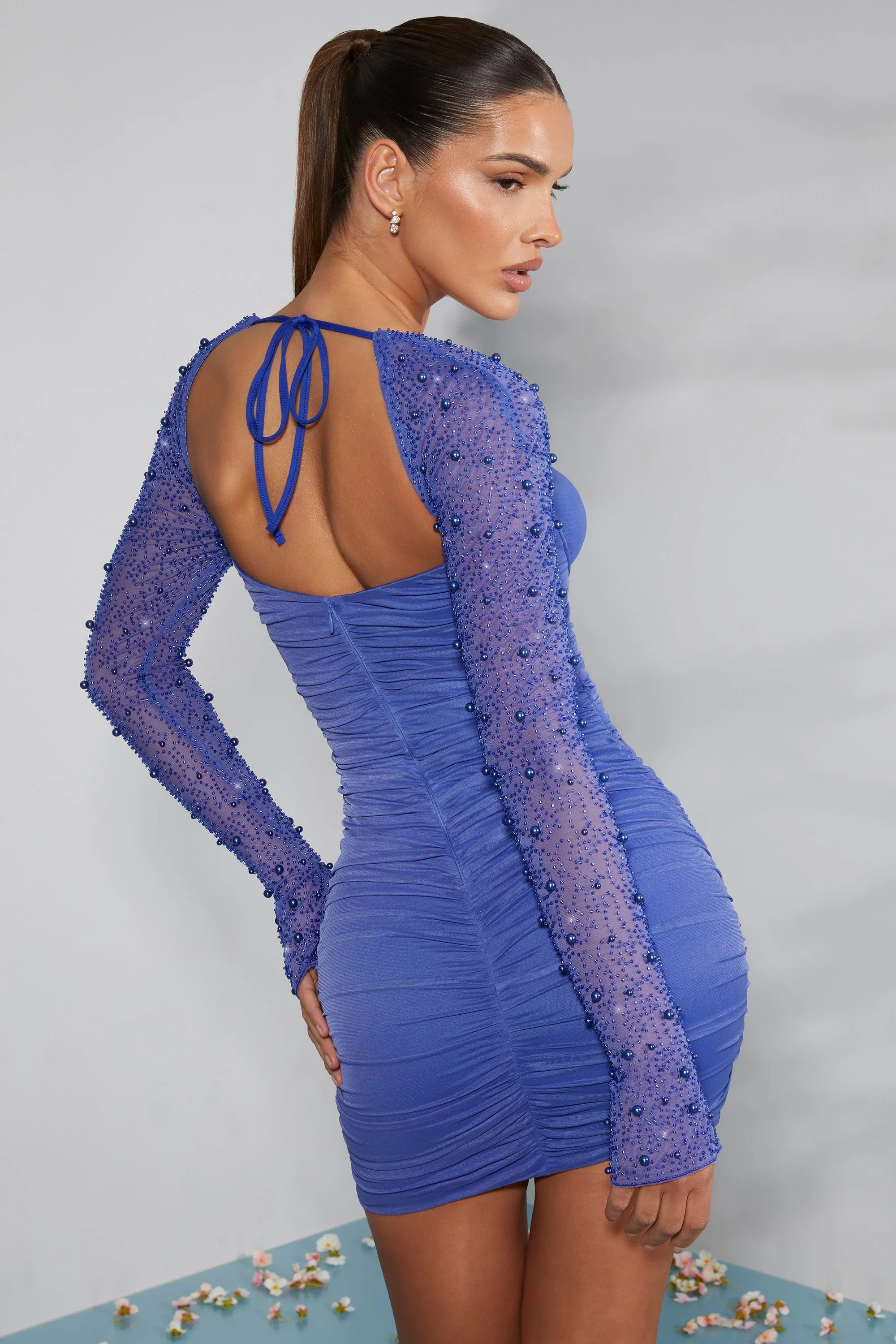 Embellished Long Sleeve Mini Dress in Cobalt Blue Chic Outfit