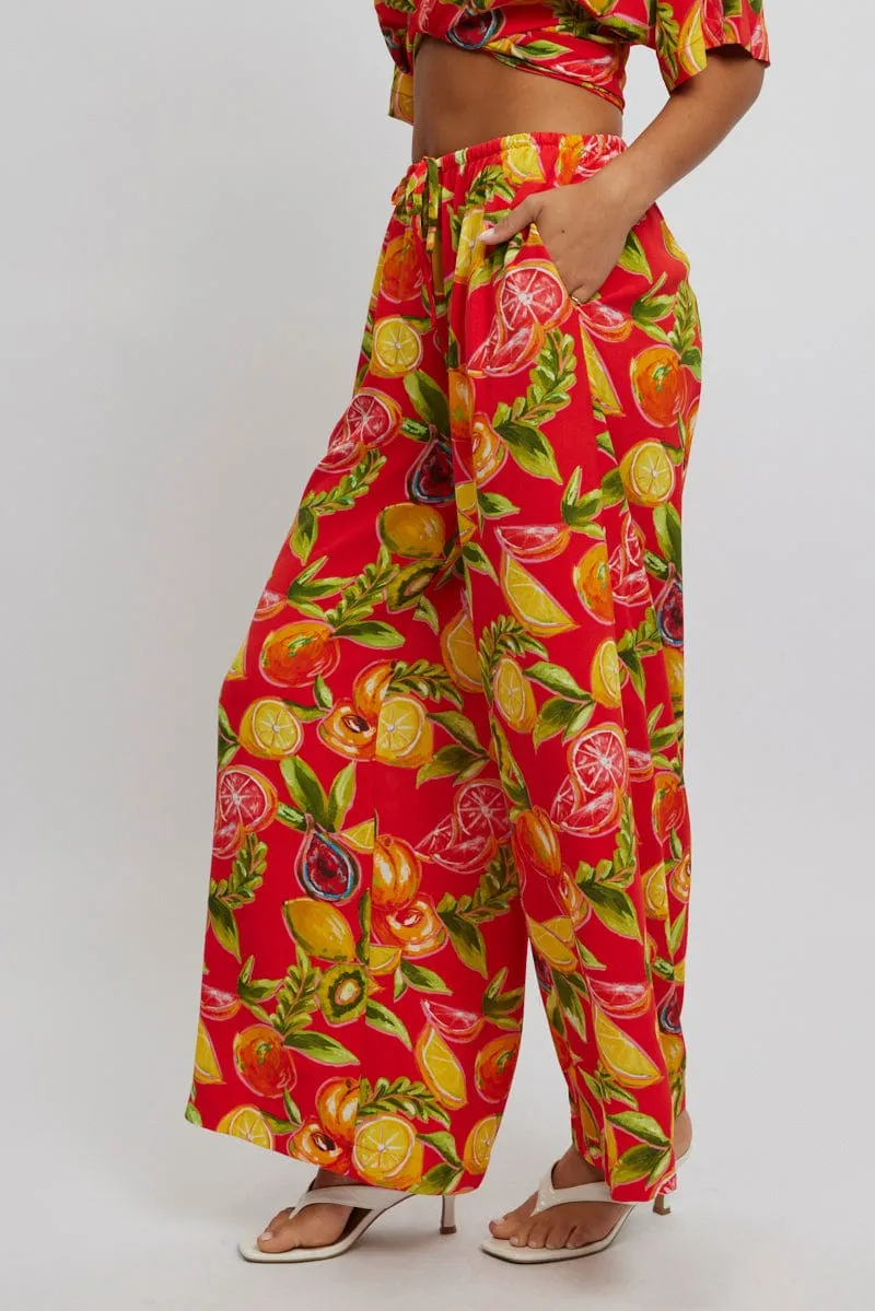 Red Abstract Wide Leg Pants High Rise Multi Purpose Trendy Wear