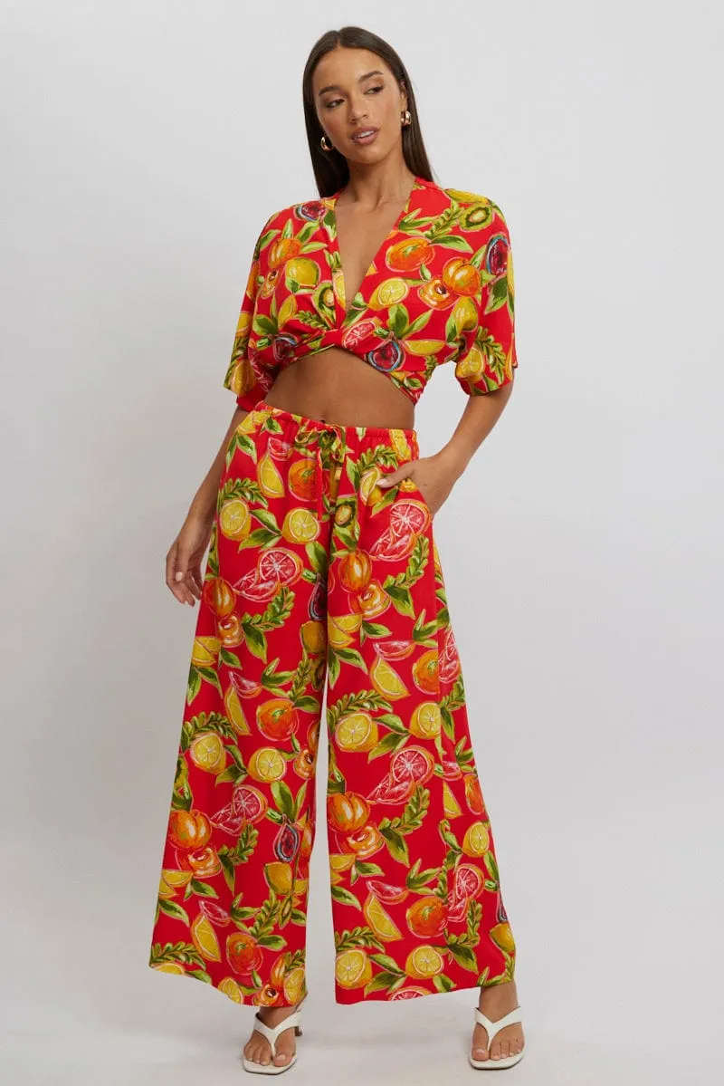Red Abstract Wide Leg Pants High Rise Lounge-friendly ReinforcedBeltLoops