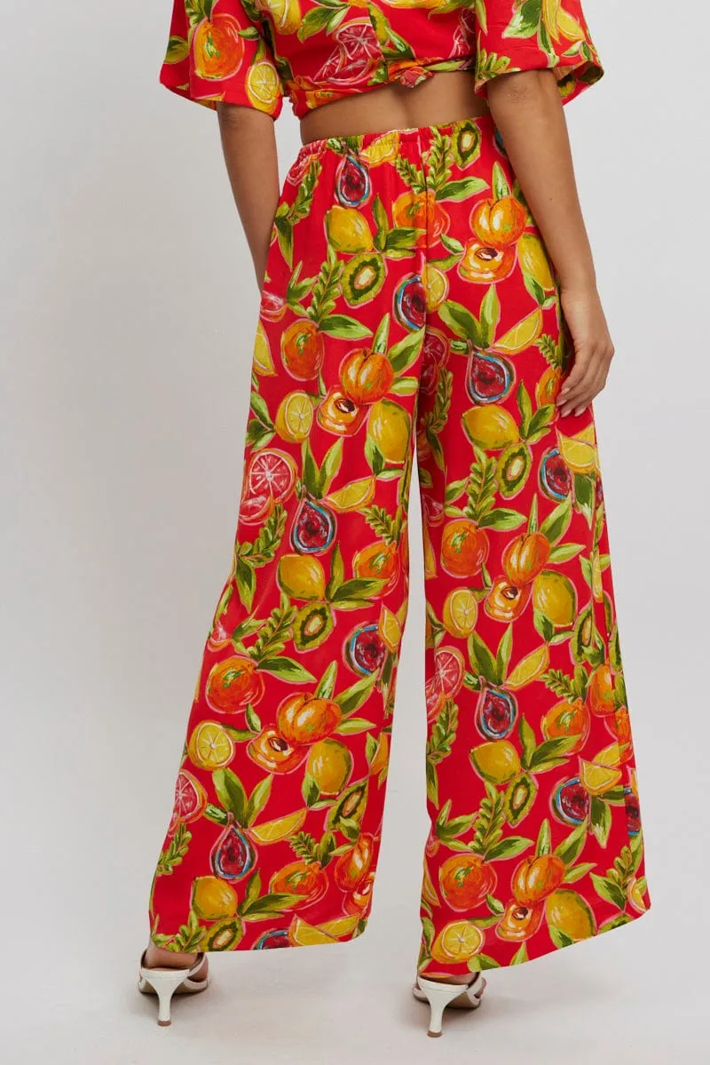 Feminine Fit Button front Red Abstract Wide Leg Pants High Rise