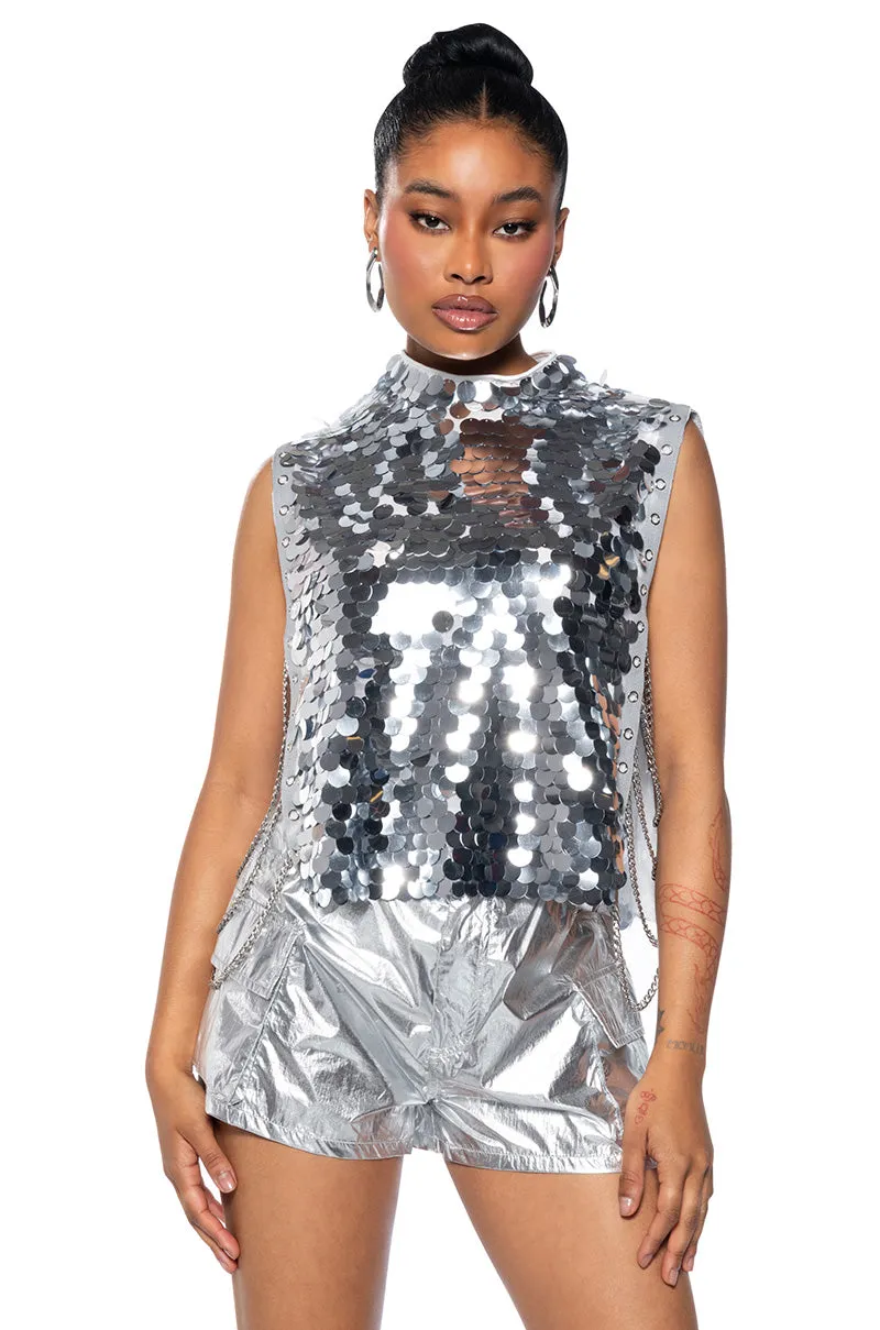 BORN THAT WAY SEQUIN OPEN SIDES MOCK NECK TOP Anti Pilling Surface