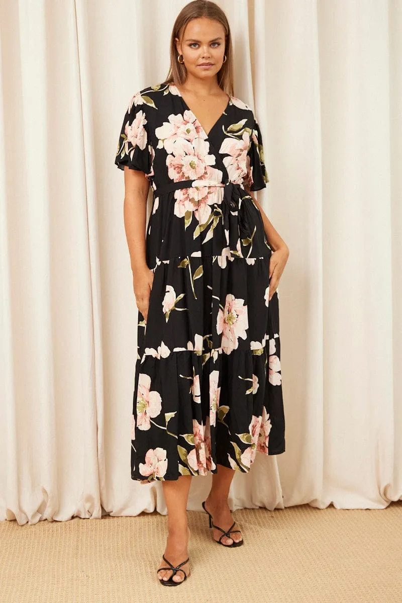 Cap Sleeve Black Floral Maxi Dress Short Sleeve Wrap Front Tiered