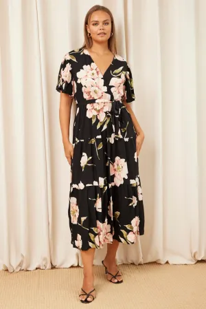 Black Floral Maxi Dress Short Sleeve Wrap Front Tiered Elegant dress for brunch Bronze Glow
