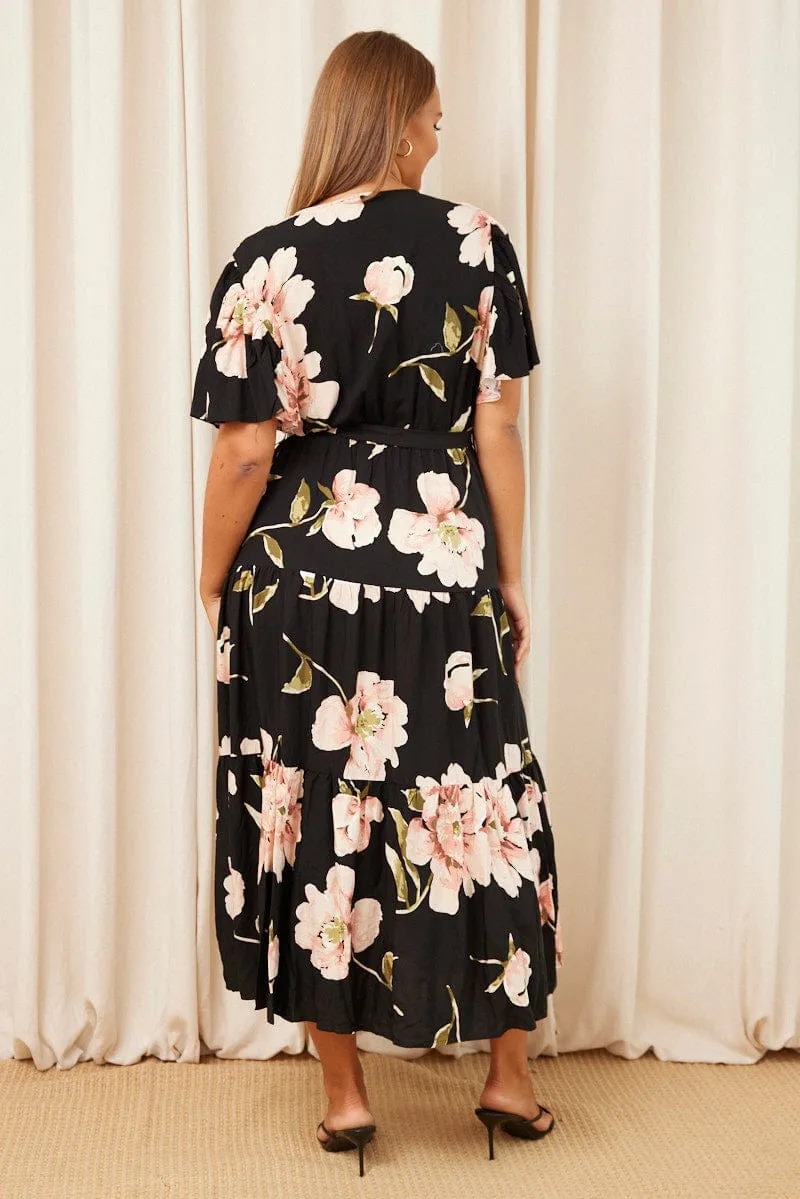 Vibrant boho dress Sand Shore Black Floral Maxi Dress Short Sleeve Wrap Front Tiered
