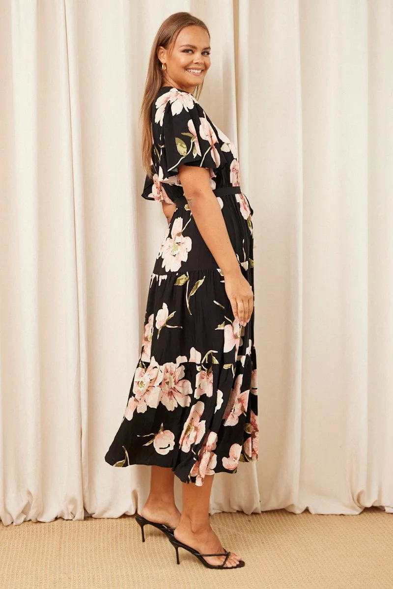 Bead Shine Black Floral Maxi Dress Short Sleeve Wrap Front Tiered