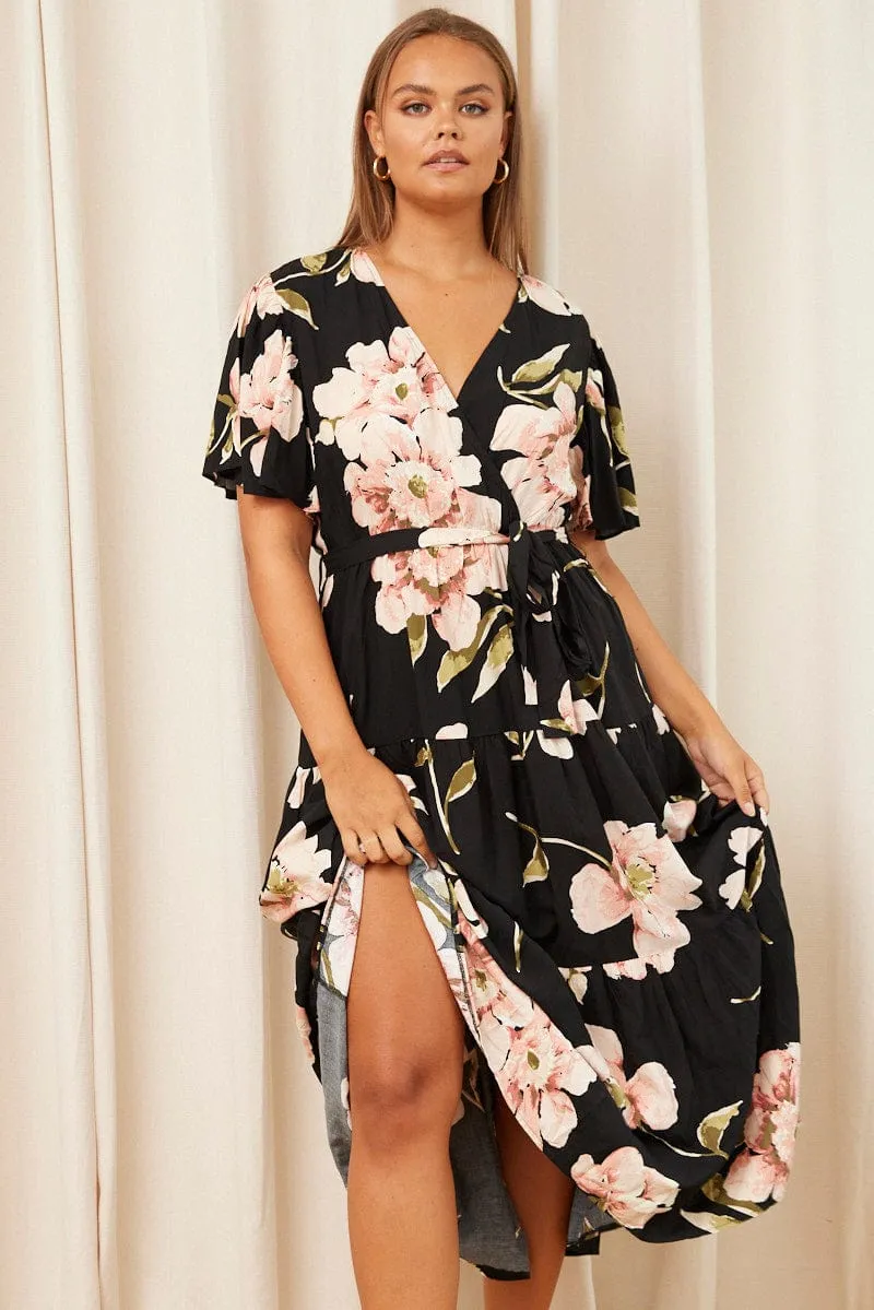 Hall Glow Black Floral Maxi Dress Short Sleeve Wrap Front Tiered