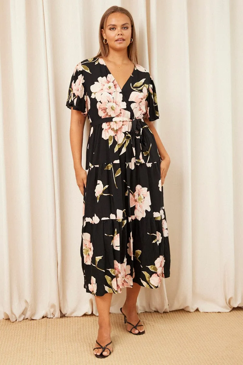 Black Floral Maxi Dress Short Sleeve Wrap Front Tiered Elegant dress for brunch Bronze Glow