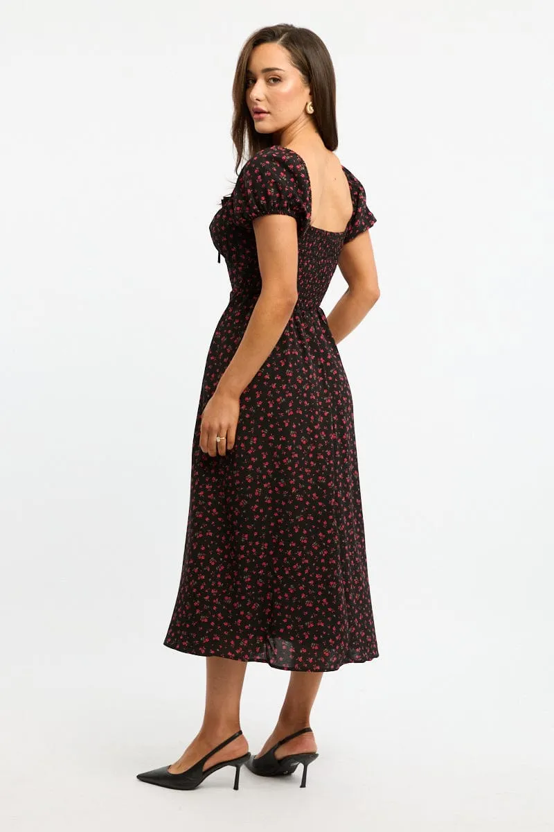 Black Ditsy Midi Dress Puff Sleeve Comfortable casual midi skin friendly