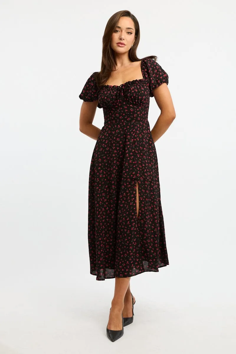 Daily Smart Black Ditsy Midi Dress Puff Sleeve