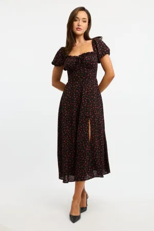 Daily Smart Black Ditsy Midi Dress Puff Sleeve