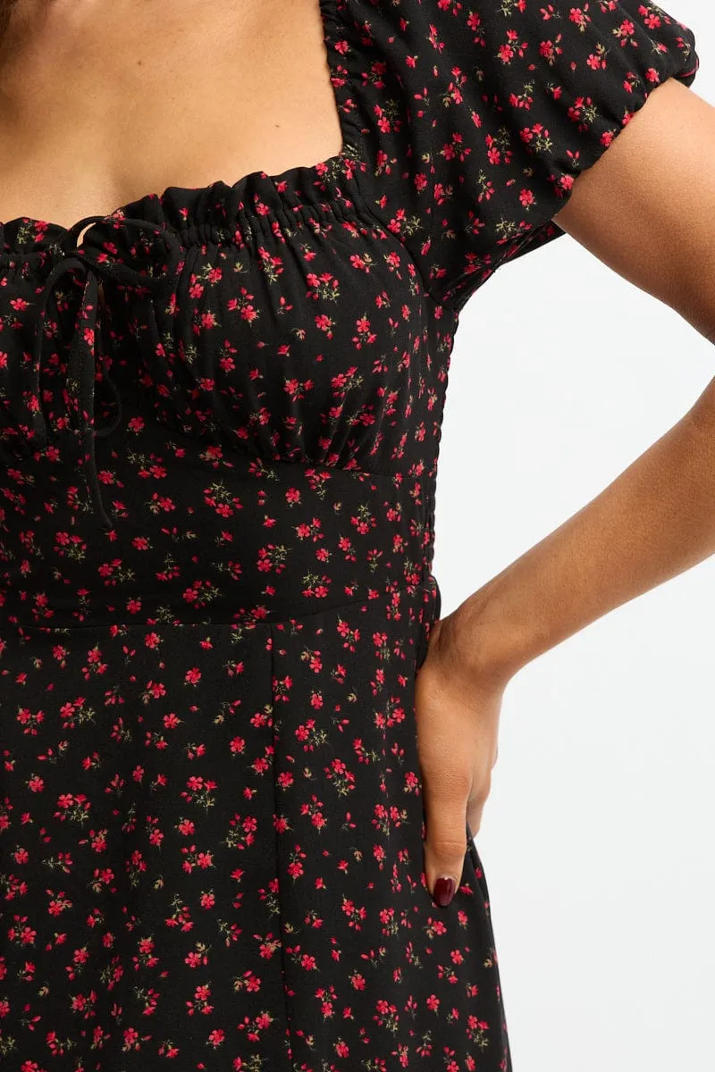 Black Ditsy Midi Dress Puff Sleeve Ocean Breeze Edgy Youth