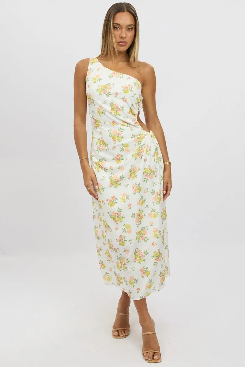 White Floral One Shoulder Midi Dress Stone Touch Wood Deck