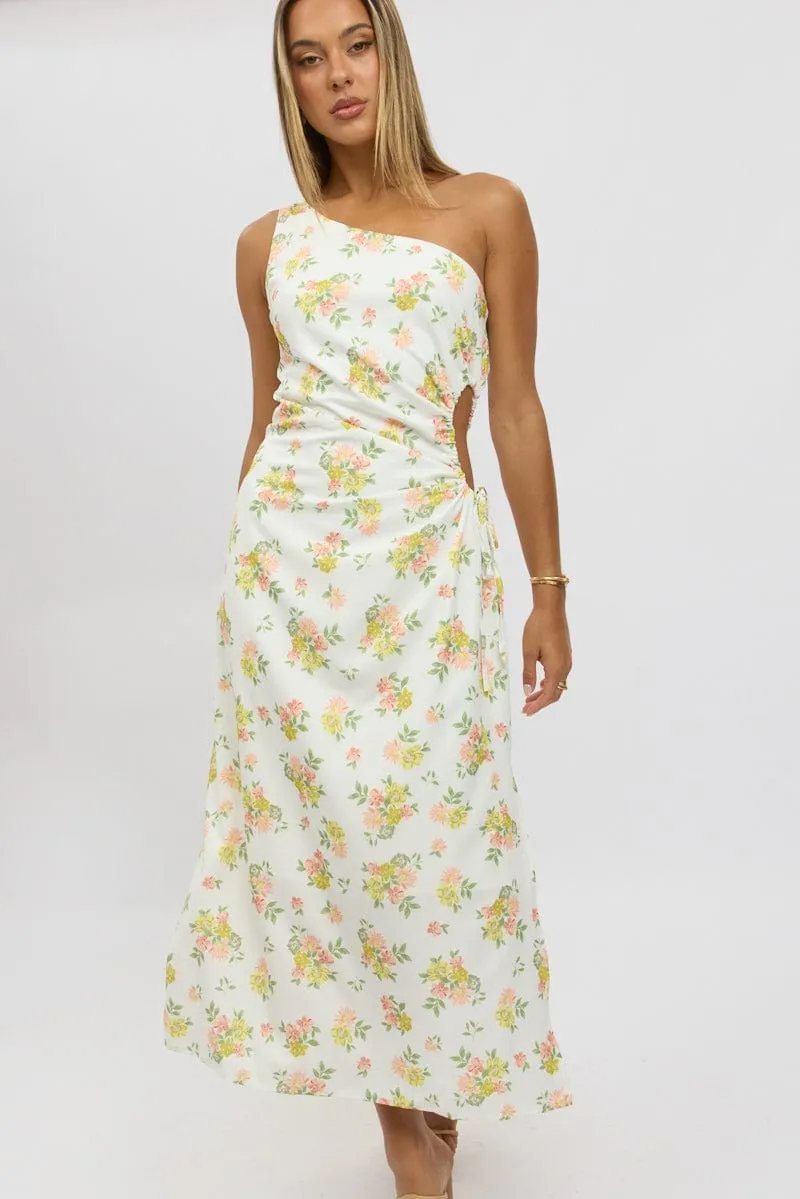 White Floral One Shoulder Midi Dress Modern Style