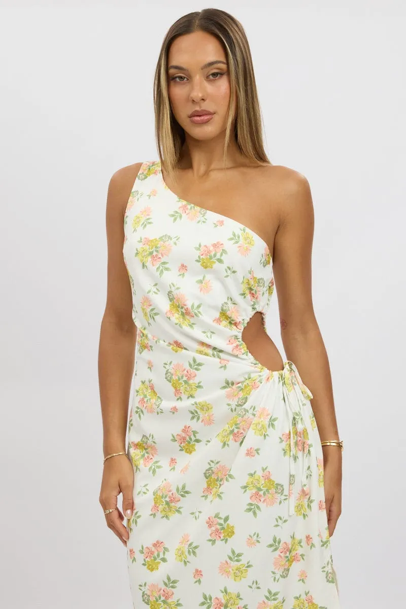 White Floral One Shoulder Midi Dress City Mood