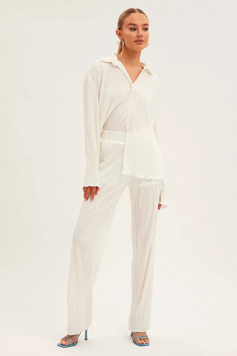 Low Profile White Plisse Pants Wide Leg
