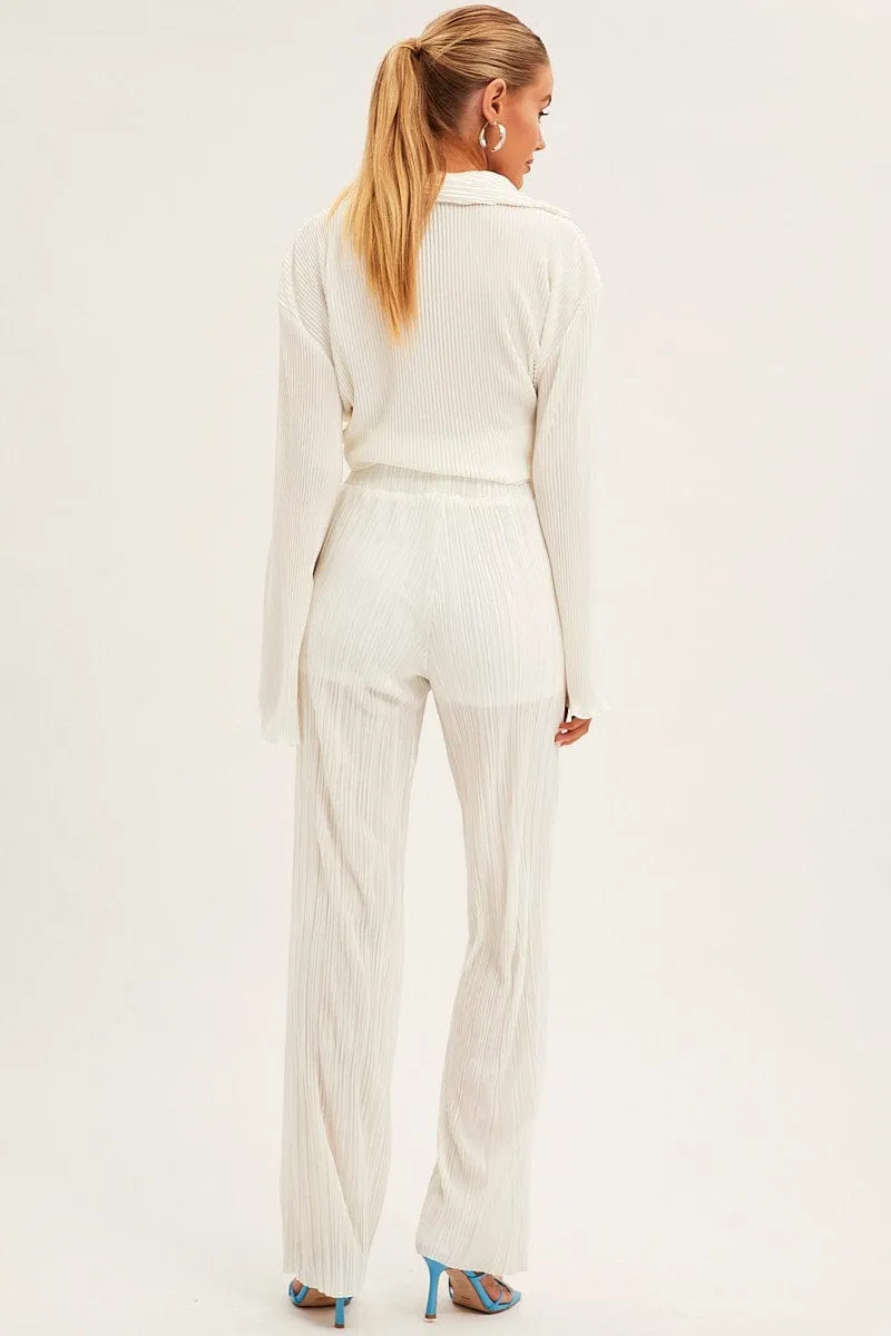 White Plisse Pants Wide Leg Soft Brushed Lining