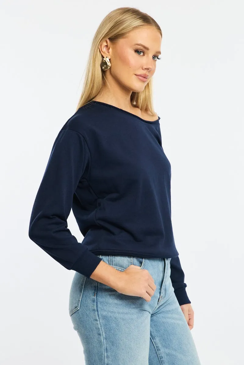 Blue Off Shoulder Sweater Long Sleeve Layer Minimal Outdoor Activity