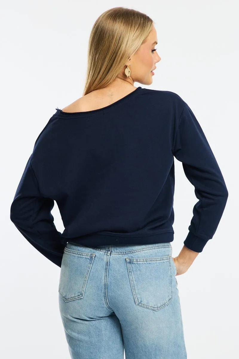 product anniversary romance Blue Off Shoulder Sweater Long Sleeve