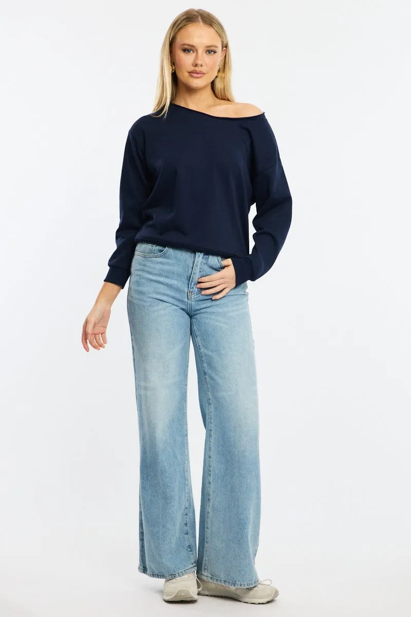 Blue Off Shoulder Sweater Long Sleeve Everyday Look product eco friendly conscience