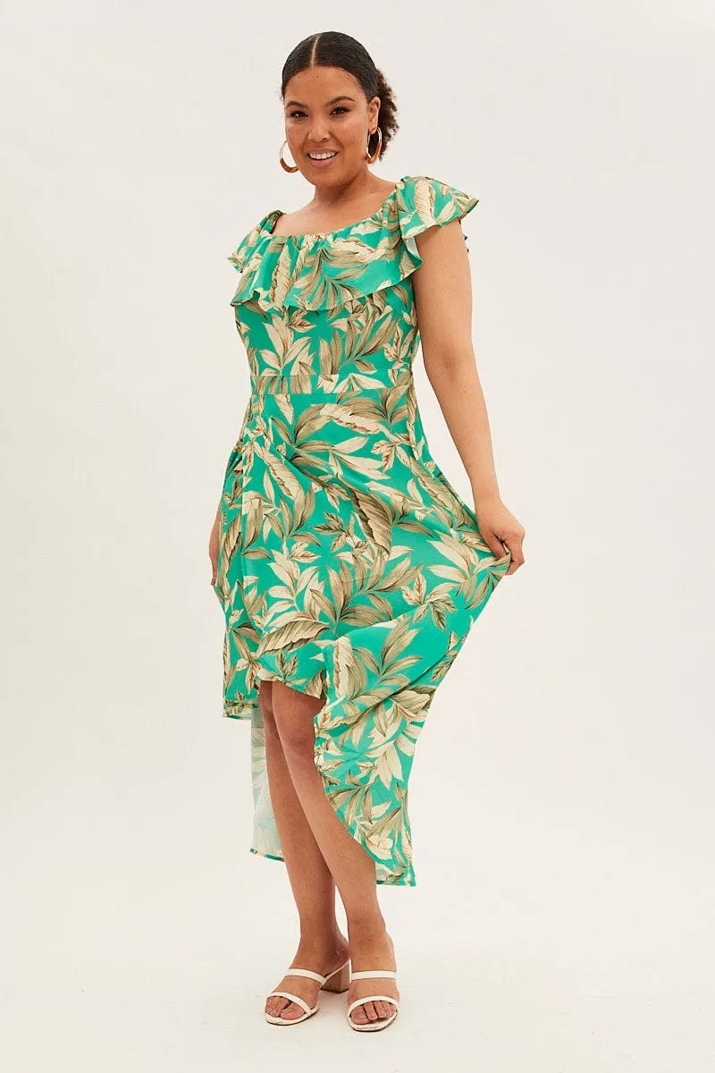 Green Floral Maxi Dress Off Shoulder Crepe Playful floral print gown
