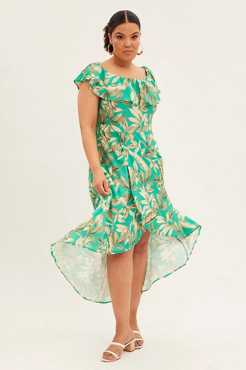 Tiered Skirt Green Floral Maxi Dress Off Shoulder Crepe