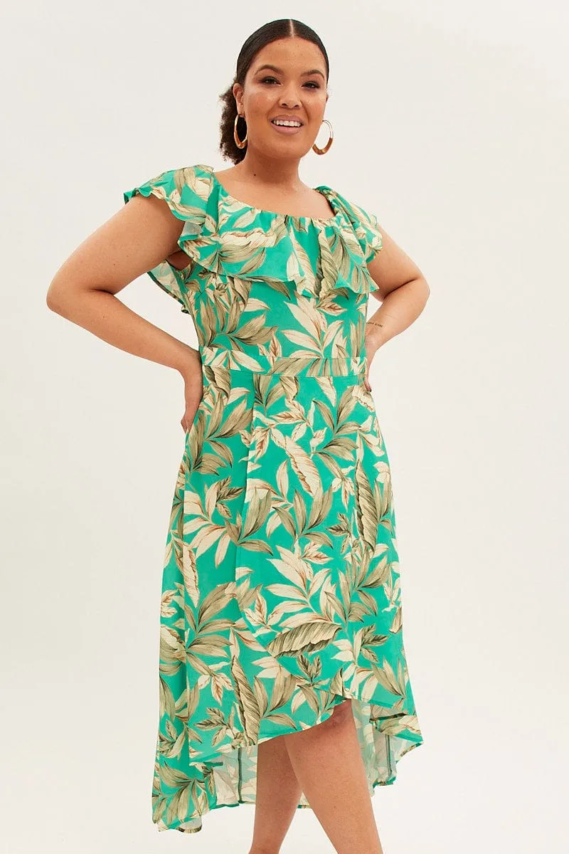 Golden Wave Green Floral Maxi Dress Off Shoulder Crepe