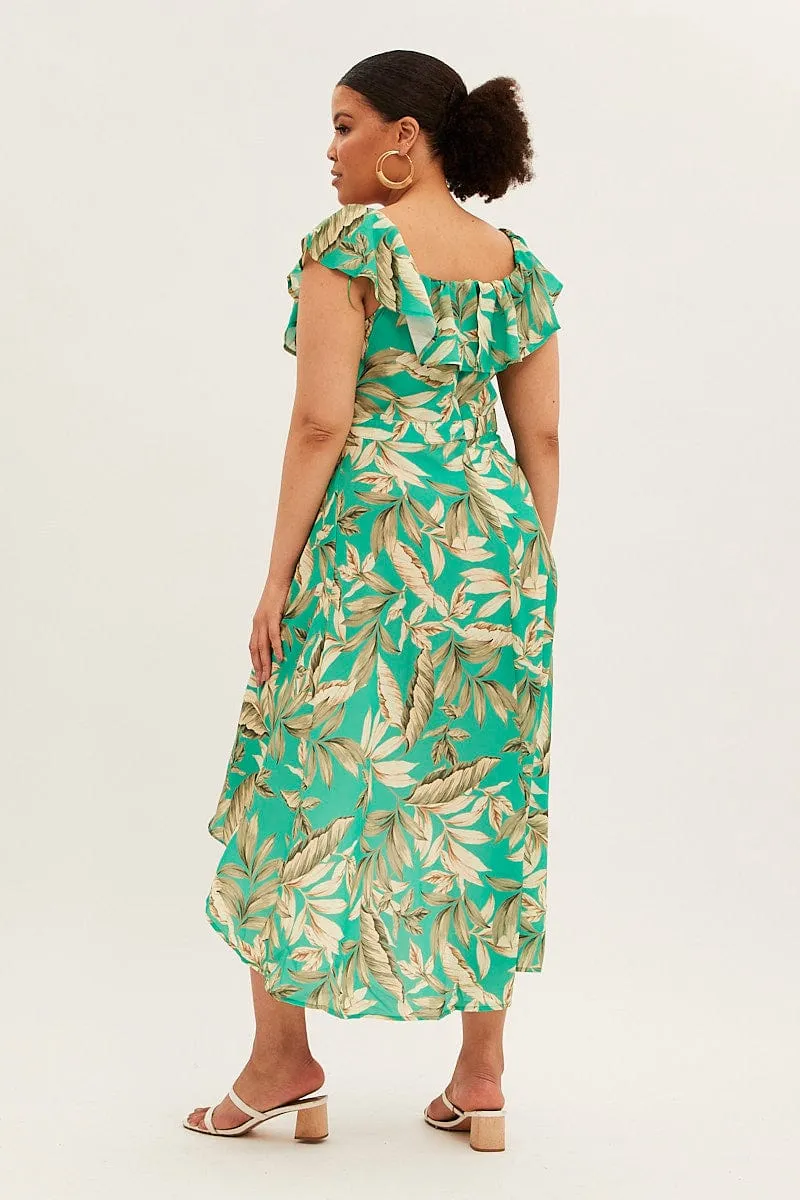 Green Floral Maxi Dress Off Shoulder Crepe Ivory Glow