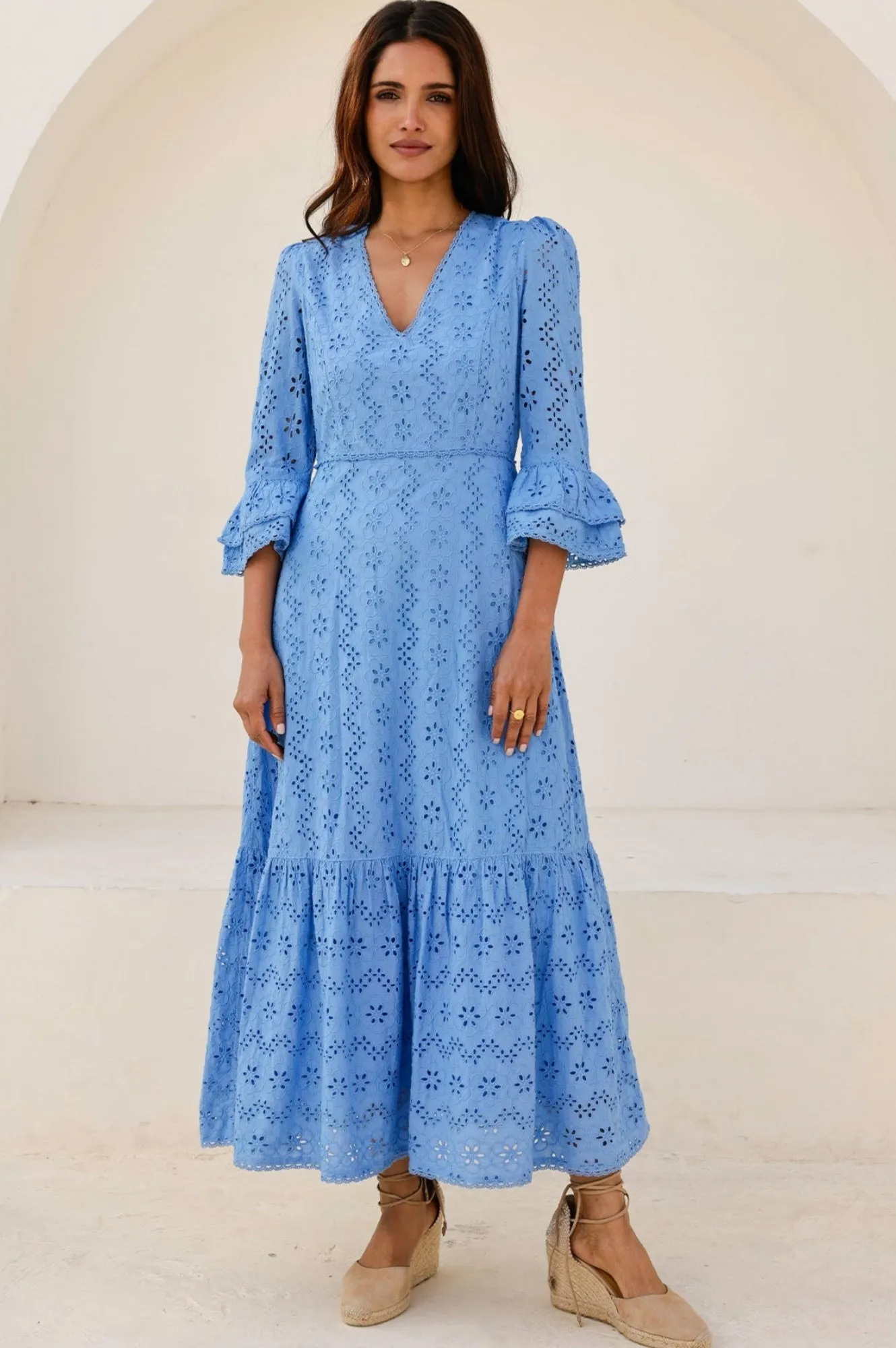 Denim Soft Greek Touch Victoria Cotton Broderie Dress | Blue