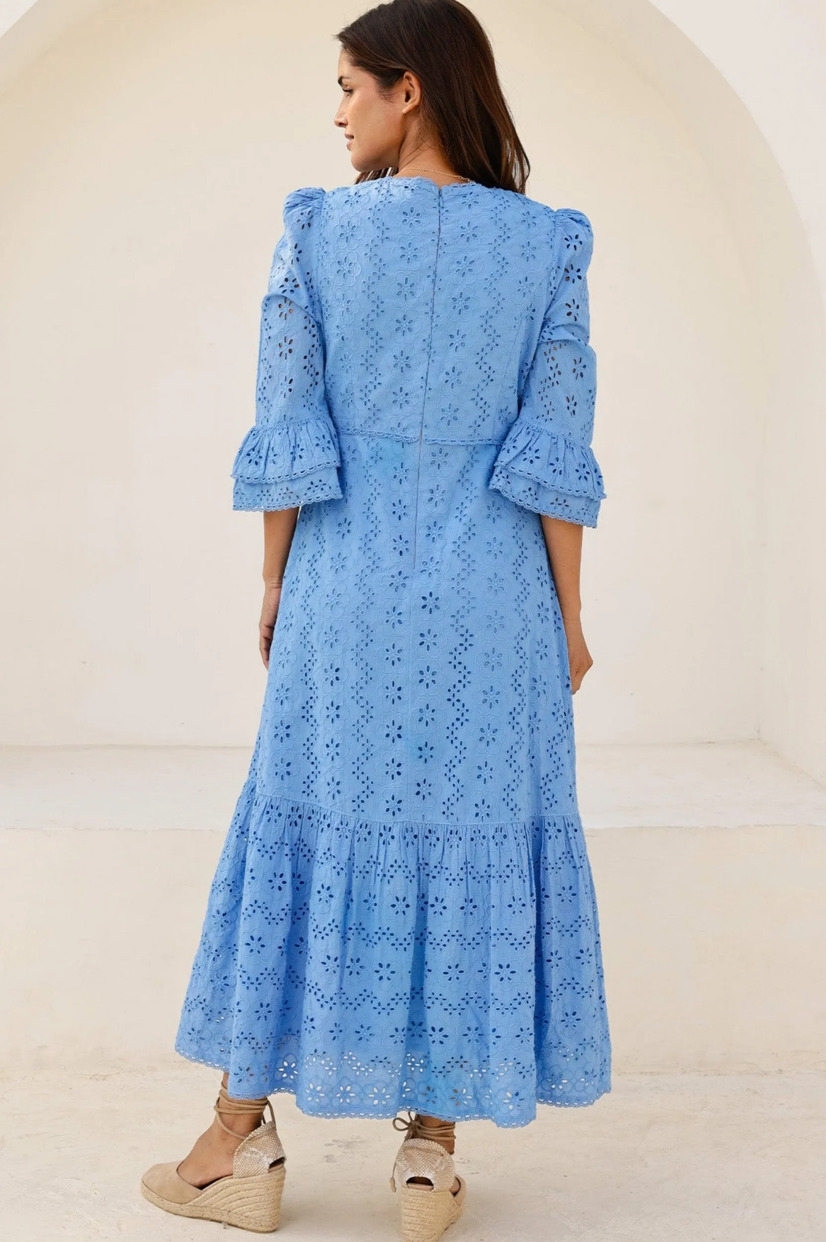 Victoria Cotton Broderie Dress | Blue Poplin Smooth