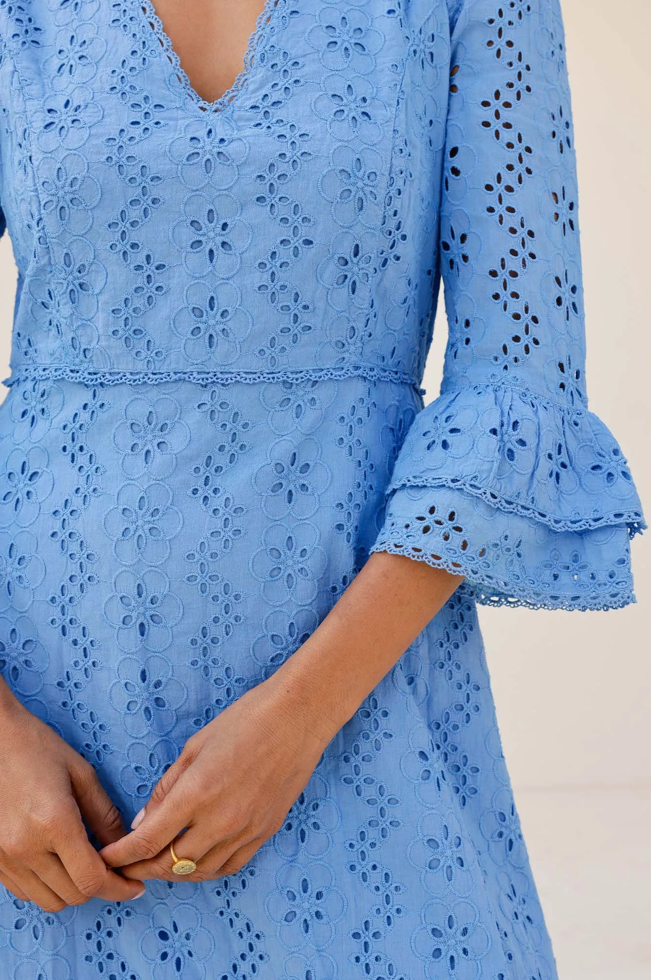 Victoria Cotton Broderie Dress | Blue Perfect for a day out or a night on the town this dress offers endless styling possibilities Mesh Glow