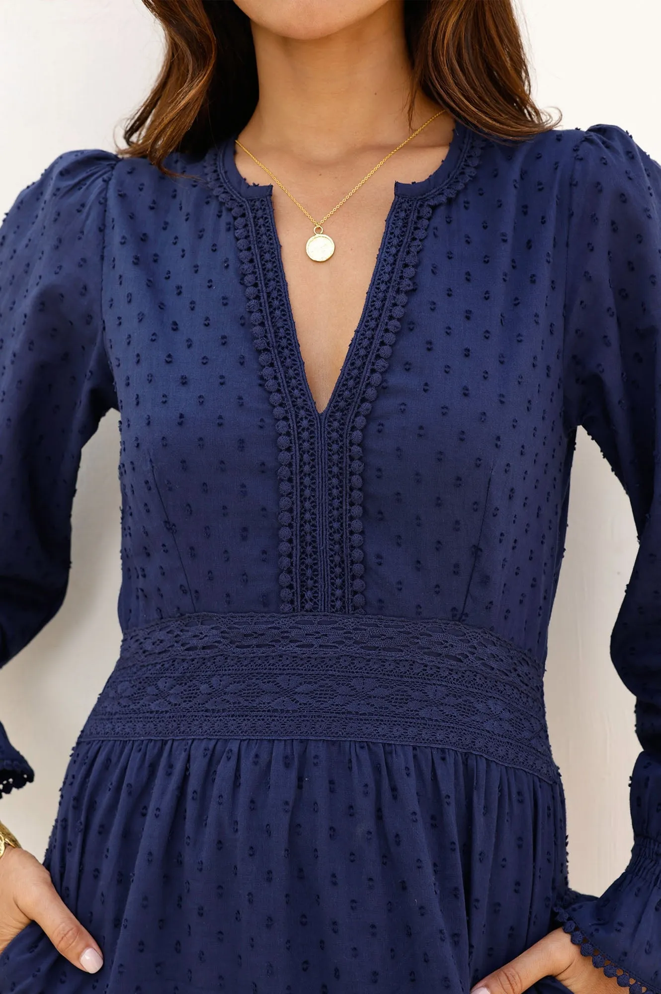 Purdie Organic Cotton Dobby Dress | Navy Stunning full-length outfit Agate Glow