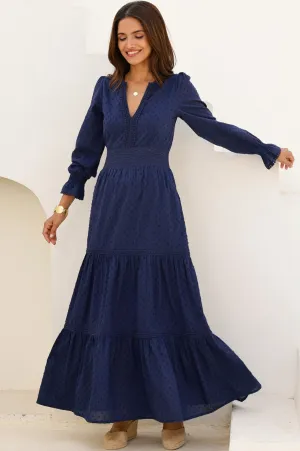 Fringe Glow With its flowing design and elegant fit this maxi dress is a wardrobe staple Purdie Organic Cotton Dobby Dress | Navy
