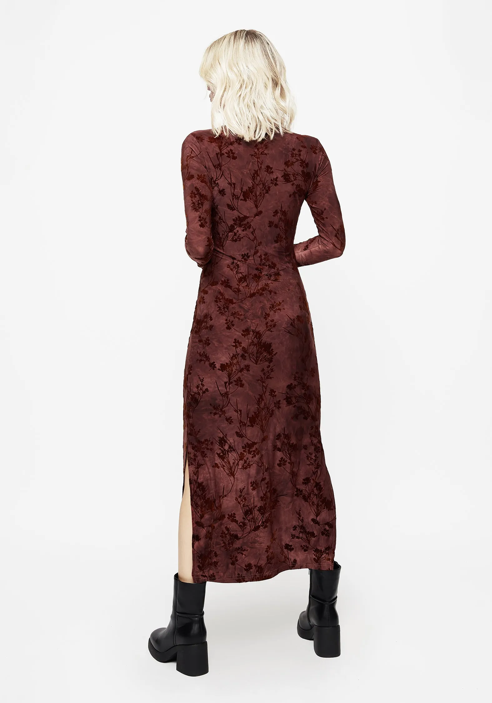 Blossom View Wytchelm Flocked Velour Midaxi Dress - Red