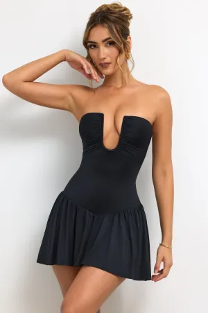 Slinky Jersey Strapless Plunge Neck Mini Dress in Black Urban Fashion Beat Light
