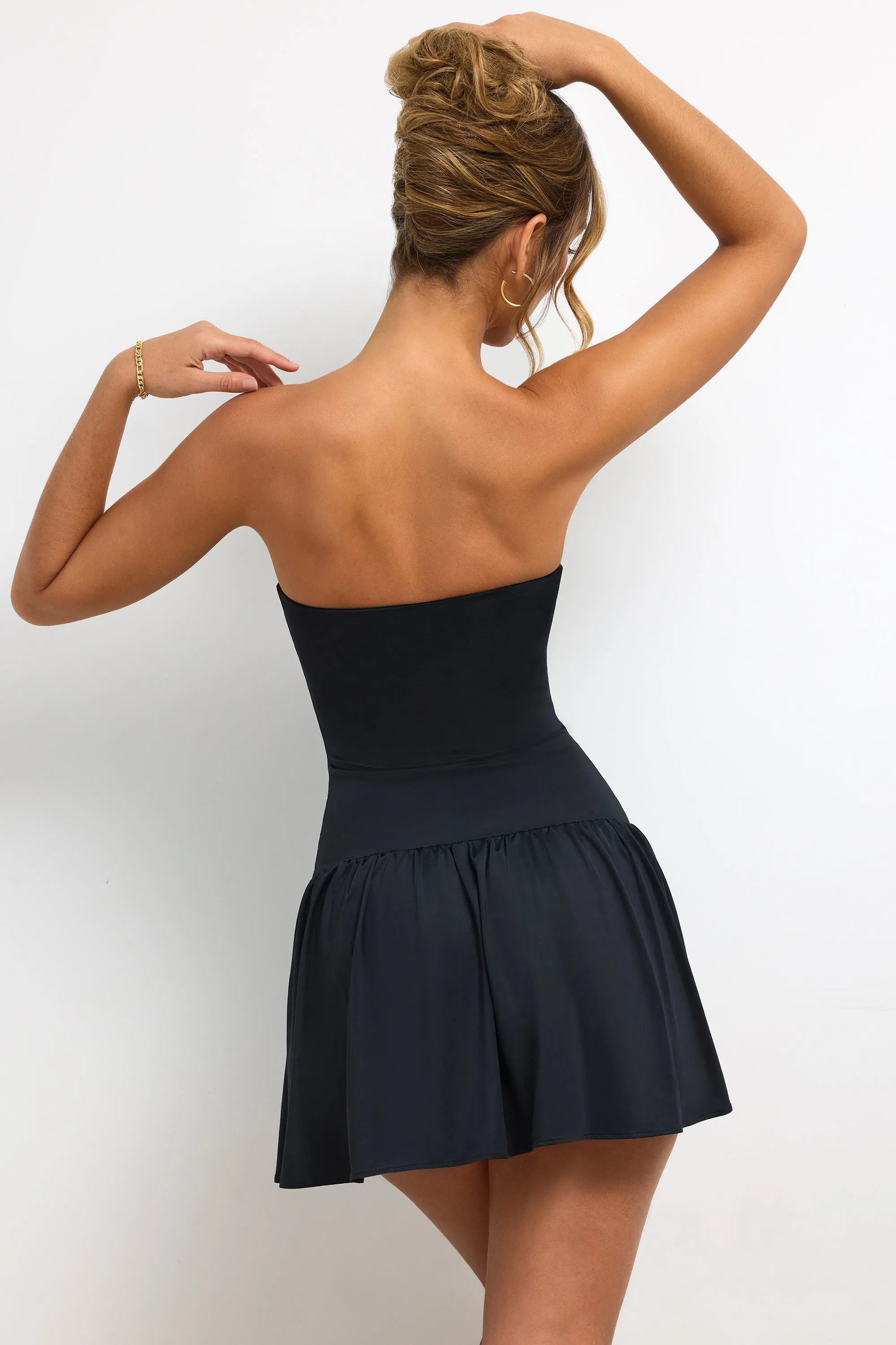 Slinky Jersey Strapless Plunge Neck Mini Dress in Black Urban Light Relaxed Style