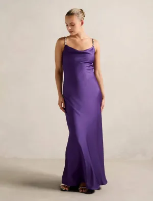 This dress offers an elegant and refined look for any event or casual outing Comfortable day-to-night dress Presley Diamante Strap Satin Maxi Dress