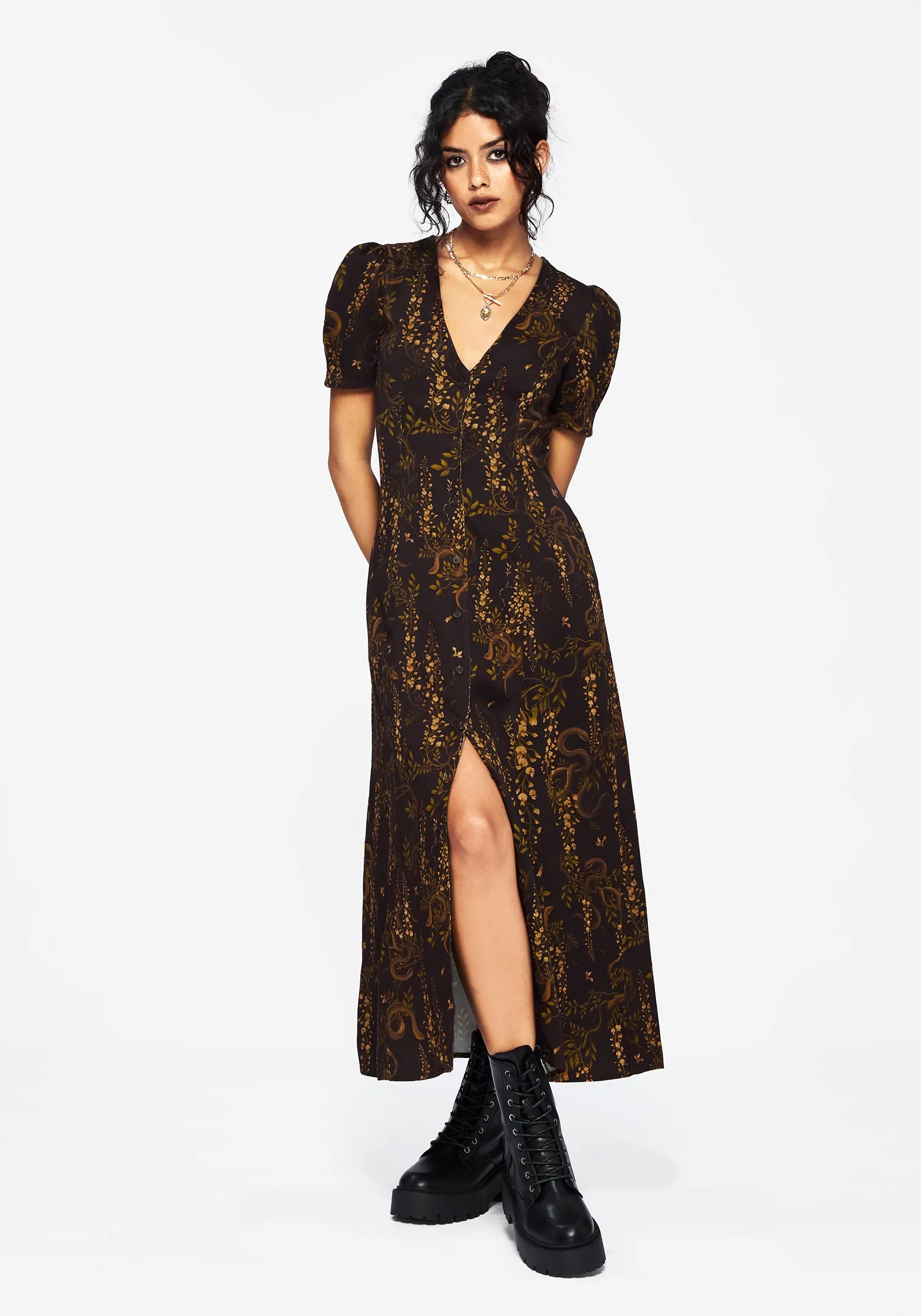 Wood Glow Daylight Warm Azazel Snake Printed Midaxi Dress