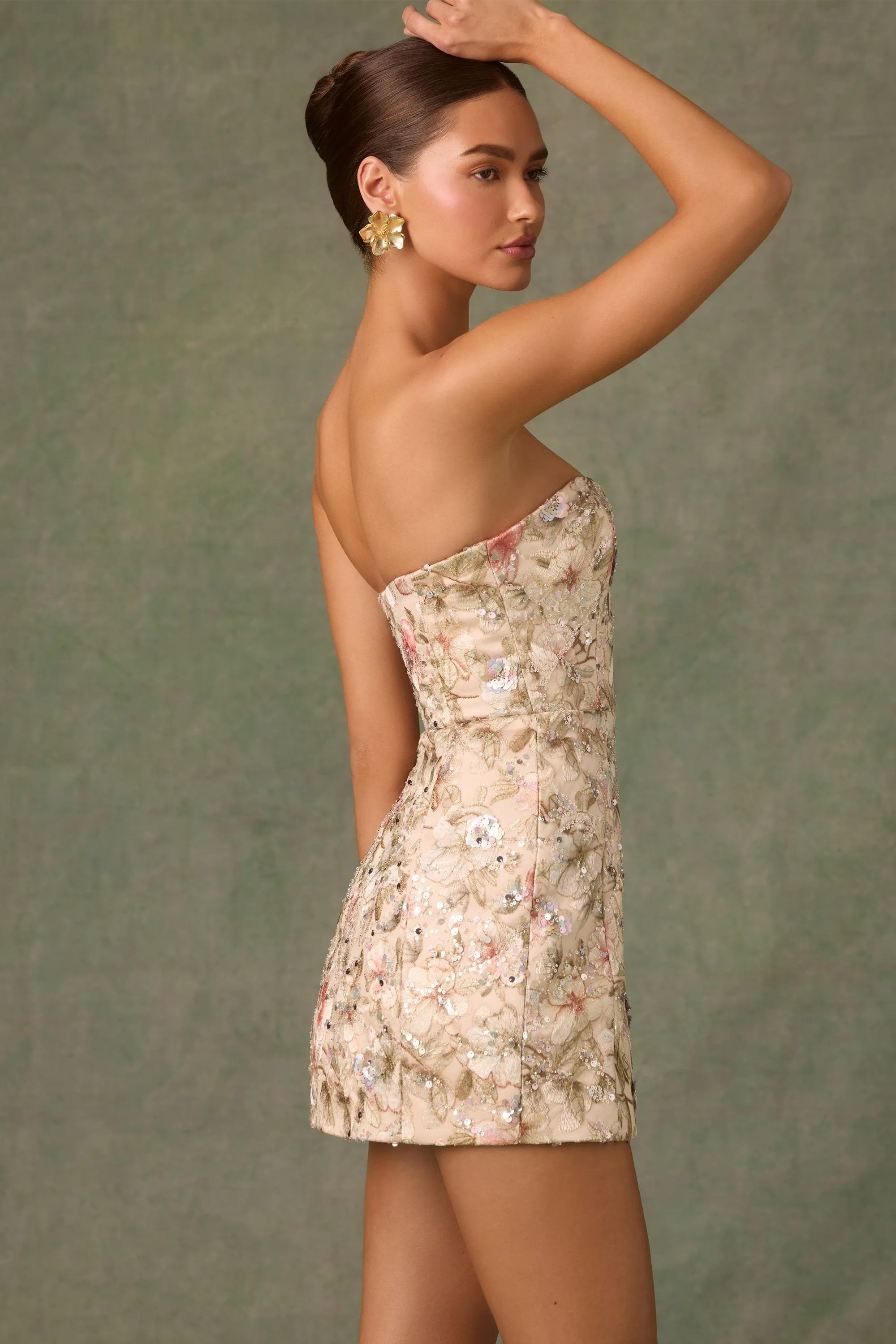 Moisture Wicking Lining Trend Ride Embellished Strapless A-Line Mini Dress in Floral Beige